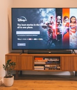 A flat-screen TV on a wooden stand displays Disney+ with various characters on the screen. The room has a plant on the floor and books stacked on the stand.