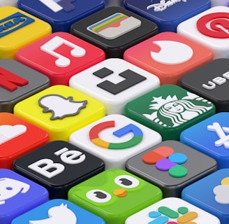 A collection of colorful 3D app icons arranged in a grid-like pattern, featuring well-known brands and services such as Spotify, Netflix, Discord, and Facebook. Each icon is distinct with vibrant colors and recognizable logos, giving a sense of modern digital culture.