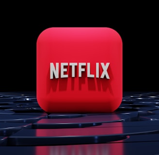 A red, cube-shaped icon with the word 'NETFLIX' prominently displayed in white, bold letters. The cube is set against a dark, glossy, circular patterned background, reflecting a sleek, futuristic design.